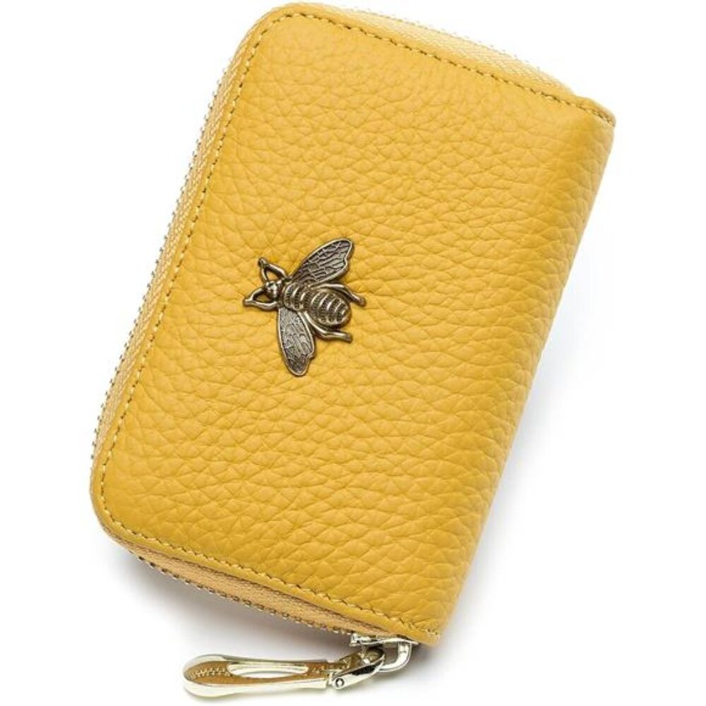 RFID Leather Card Holder Wallet for Women Small Zipper Coin Purse Bee Design